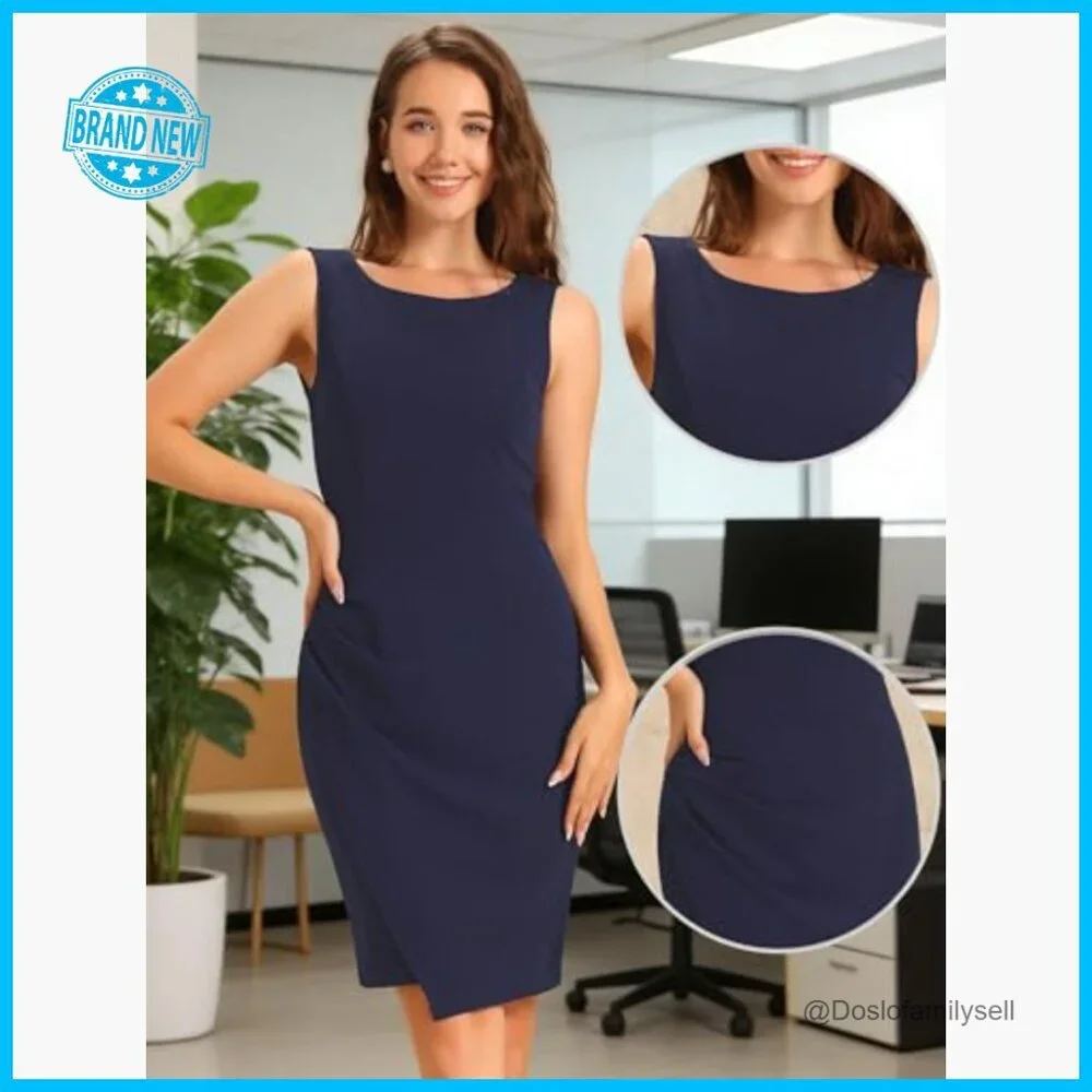 Slim Fit Sheath Dress Elegant Retro Boat Neck Sleeveless Work Office - Picture 2 of 6
